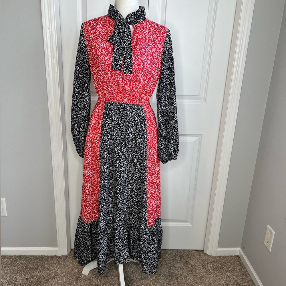 See the Shades Red Black Floral Colorblock Midi Dress Medium Tie Neck Ruffle Hem
